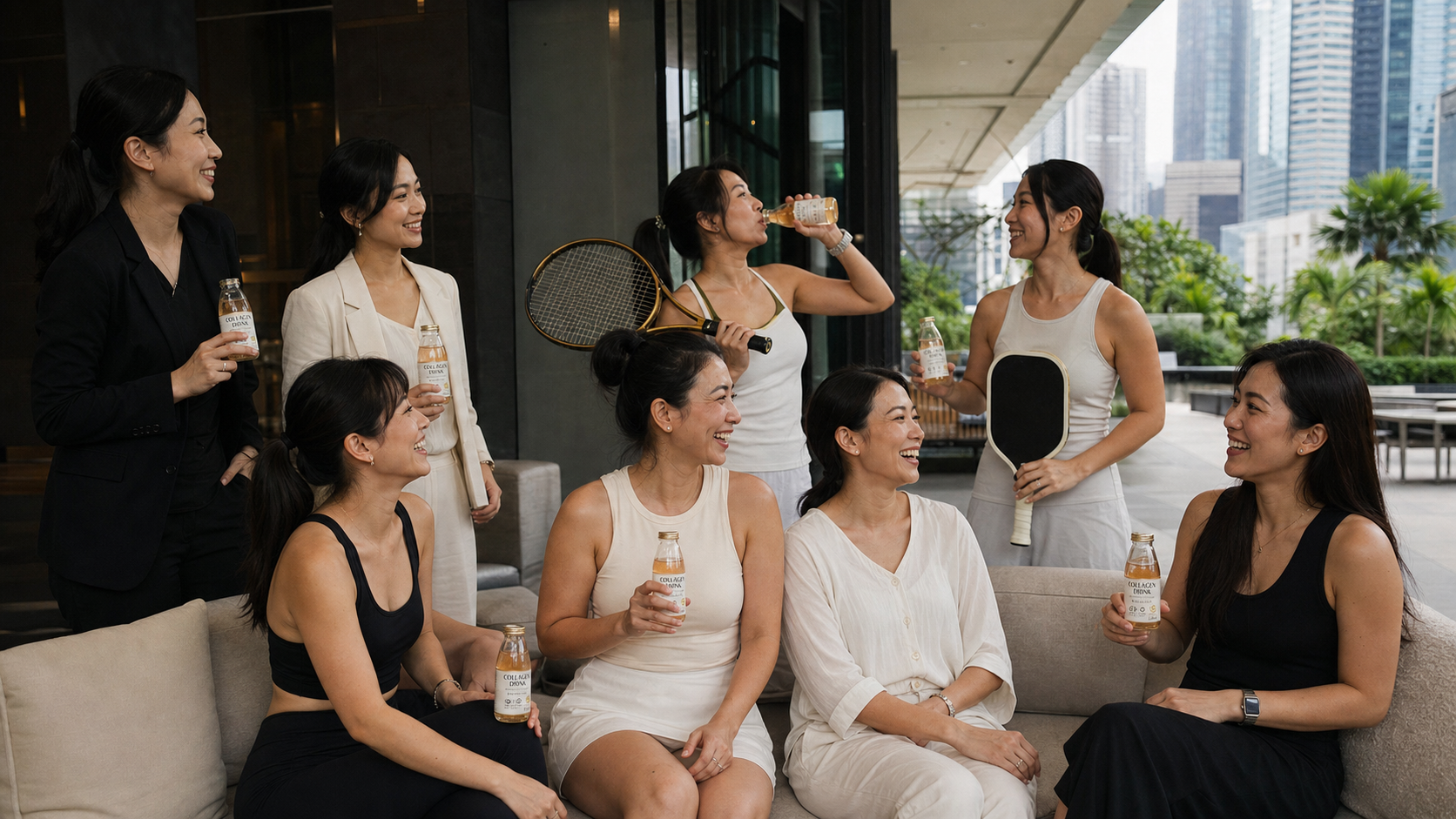 A diverse group of Asian women enjoying Scale Story Collagen Drink in Kuala Lumpur